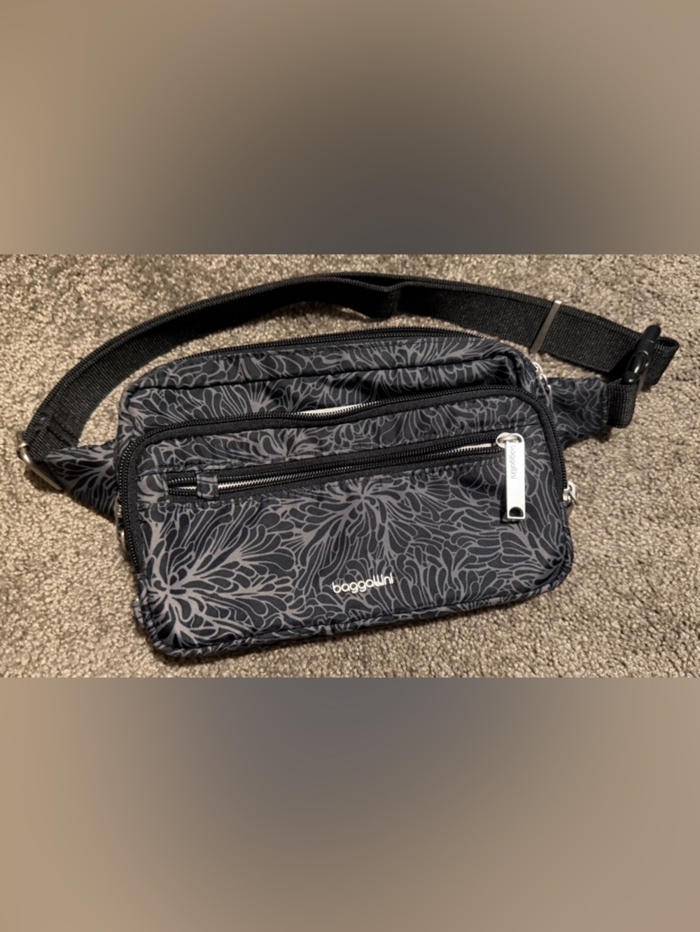Baggallini Securtex Anti-Theft Belt Bag Sling Midnight Blossom Print
